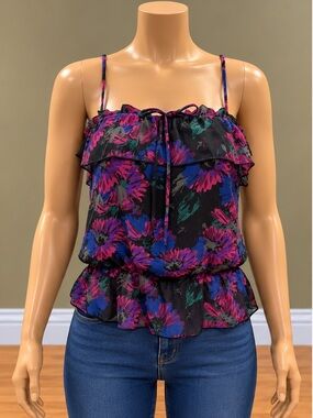 bebe Black Floral Ruffle Convertible Strapless Cami Tank Top Y2K
